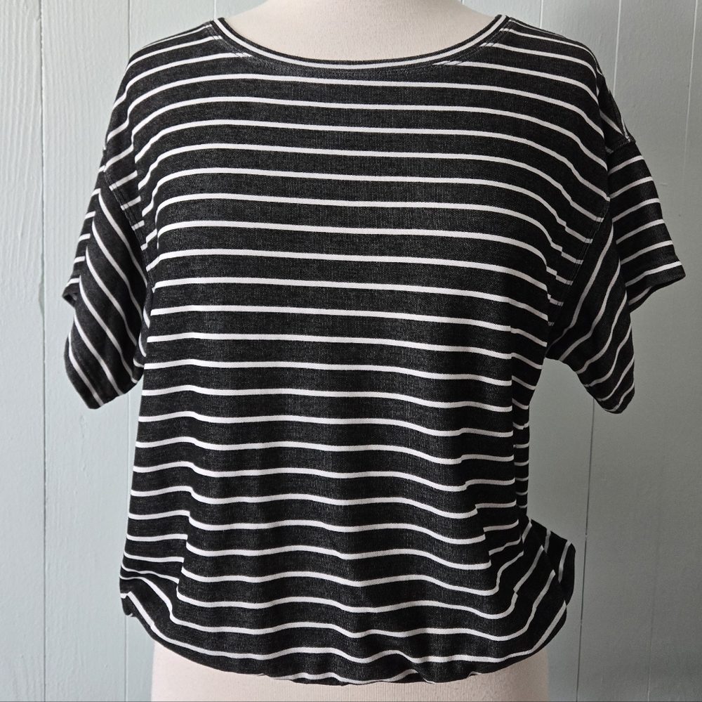 Max Studio Black and White Striped Short Sleeve Top Size M